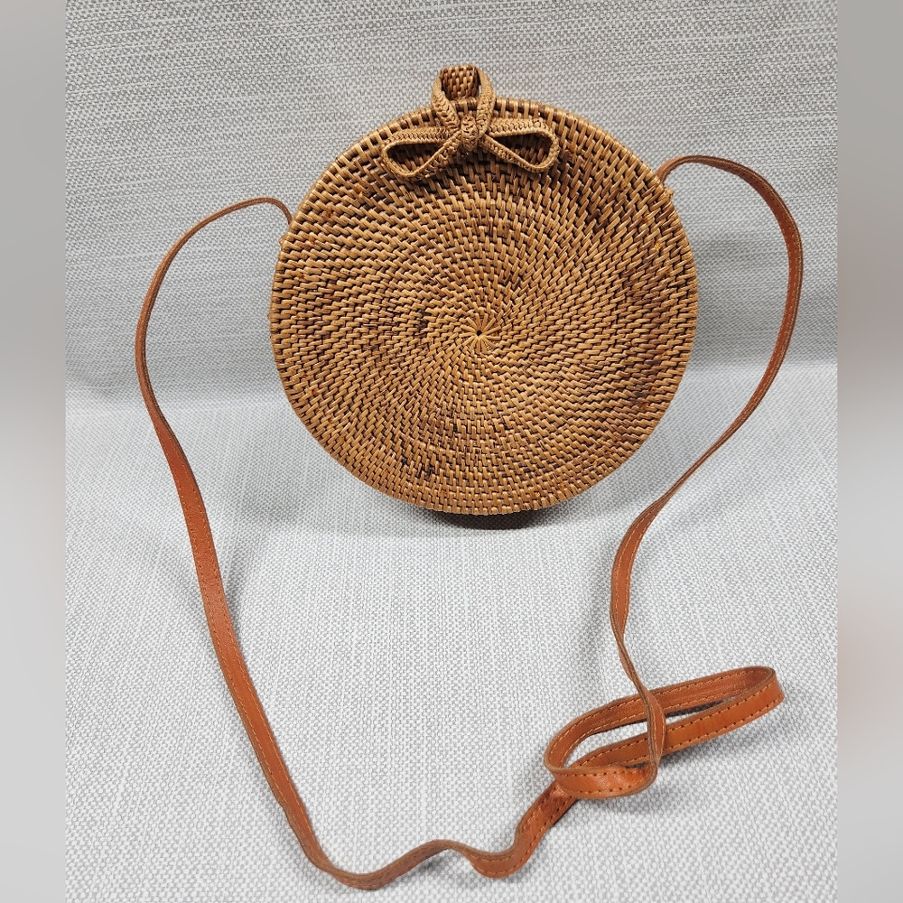 Cleobella Woven Straw Rattan Crossbody Shoulder Bag Round Boho Hippie Brown